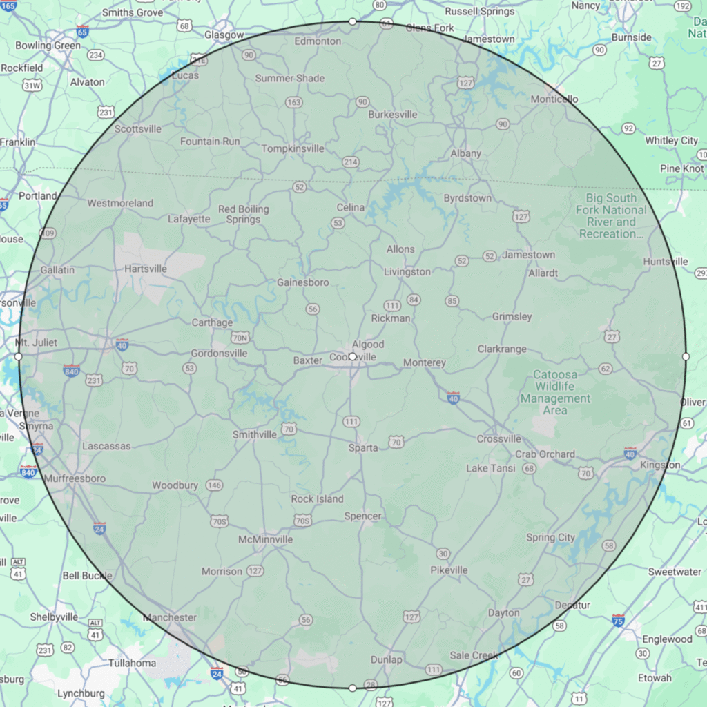 60-mile radius around Cookeville, TN