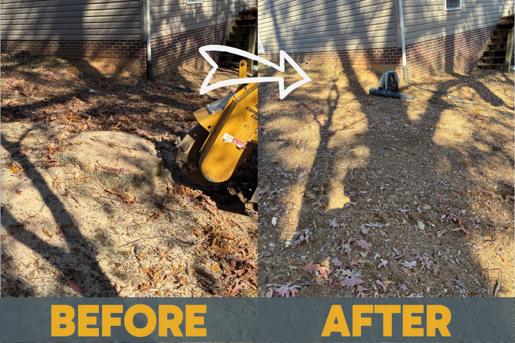 Shows a stump in a before image and the smooth ground in the after image